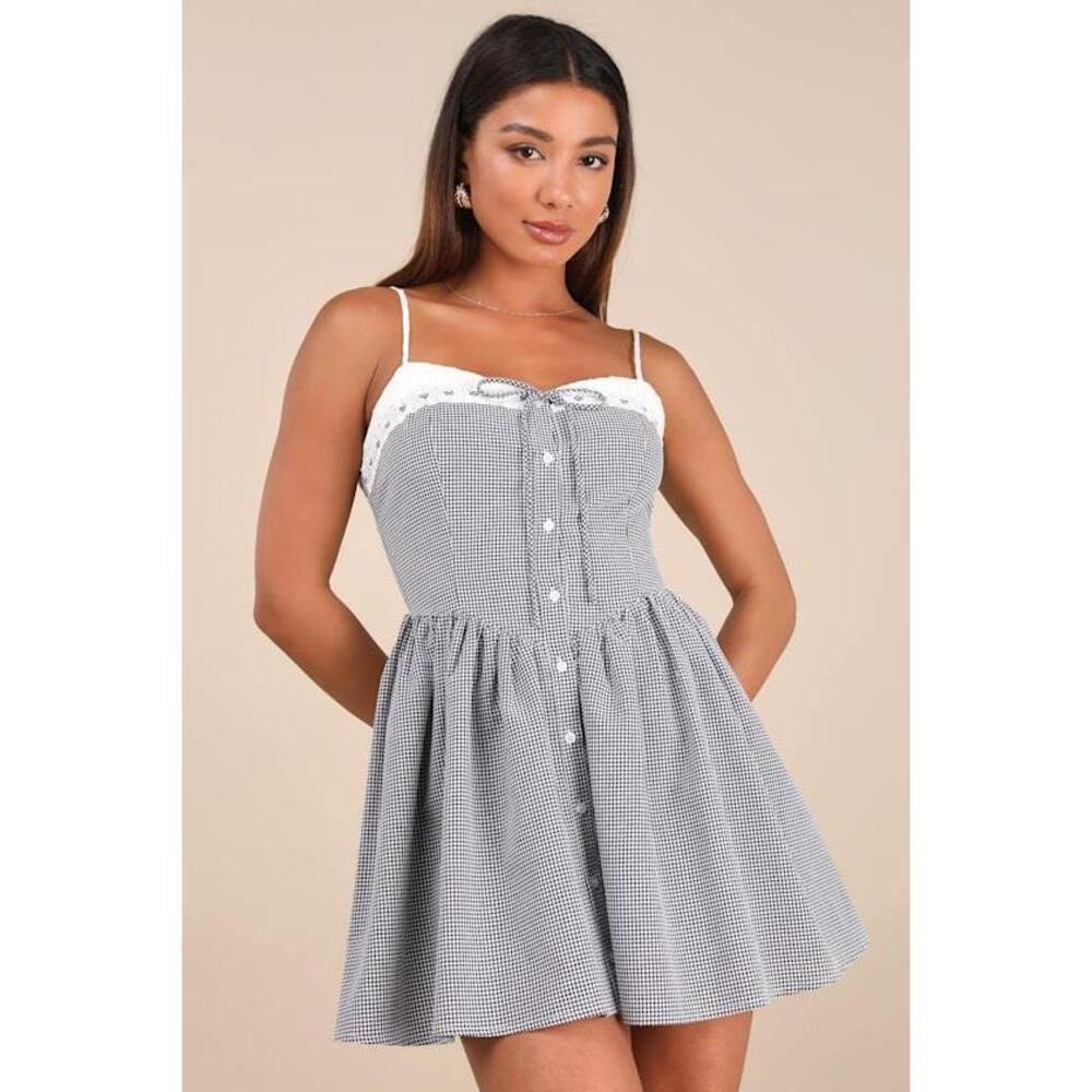Lulus Amarilis Black And White Gingham Button-front Mini Dress - Size L